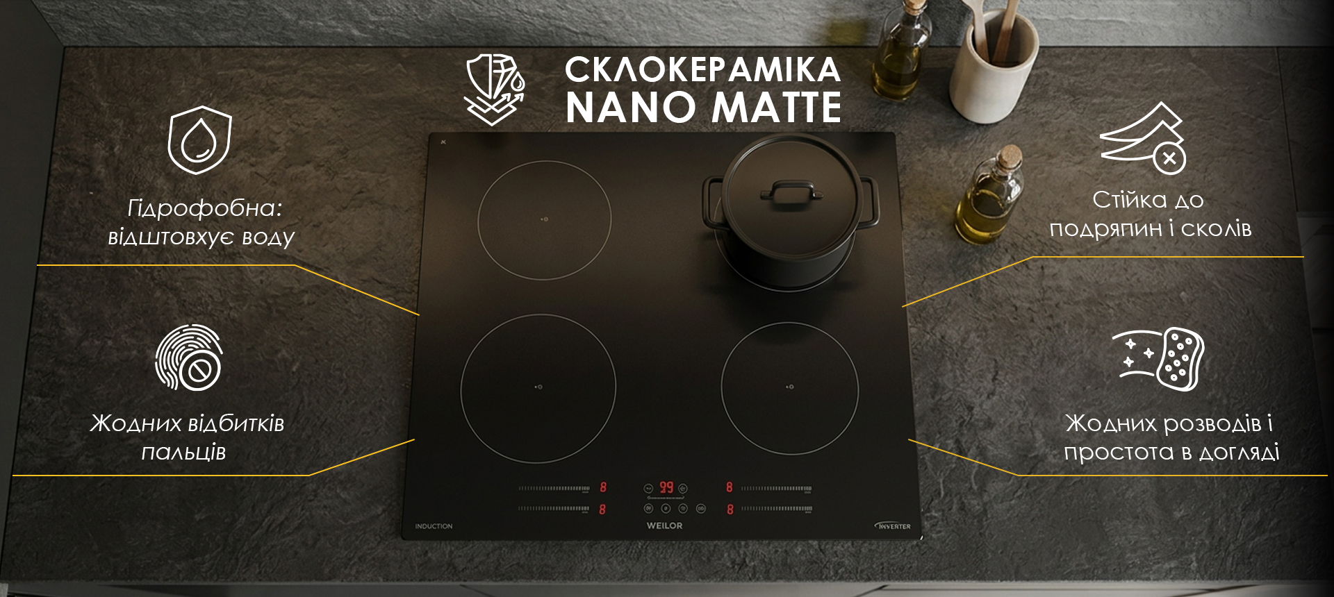 Індукційна варильна поверхня WEILOR WIS 643 BLACK NanoProtect зі склокерамікою KANGER та матовим покриттям NANO MATTE